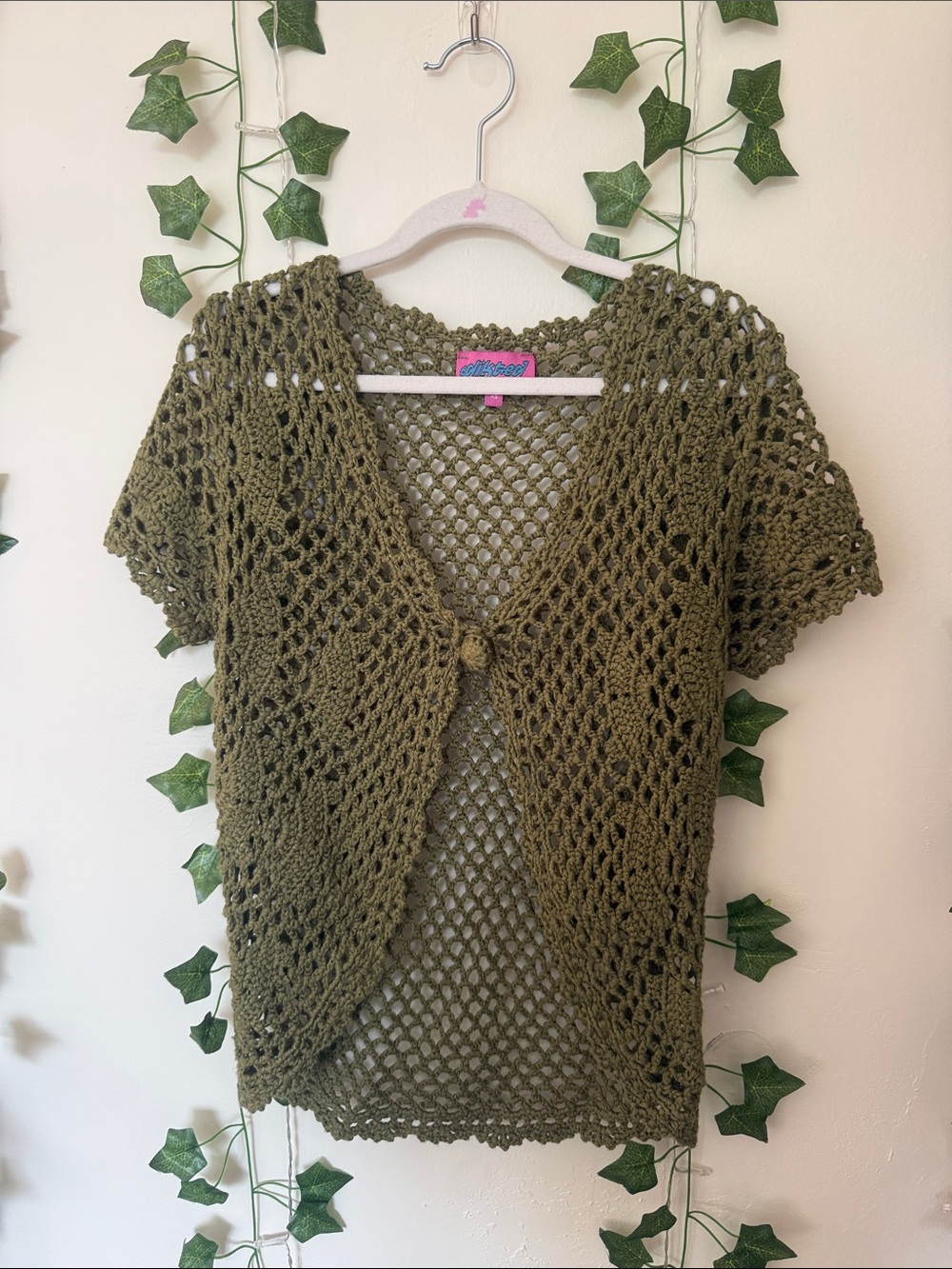 Edikted Olive Open-Weave Short Sleeve Sweater Shrug